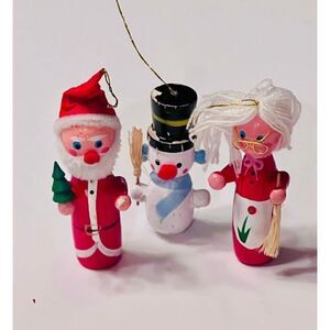 Vintage Ornaments Set Santa Mrs Claus Snowman Christmas Wooden